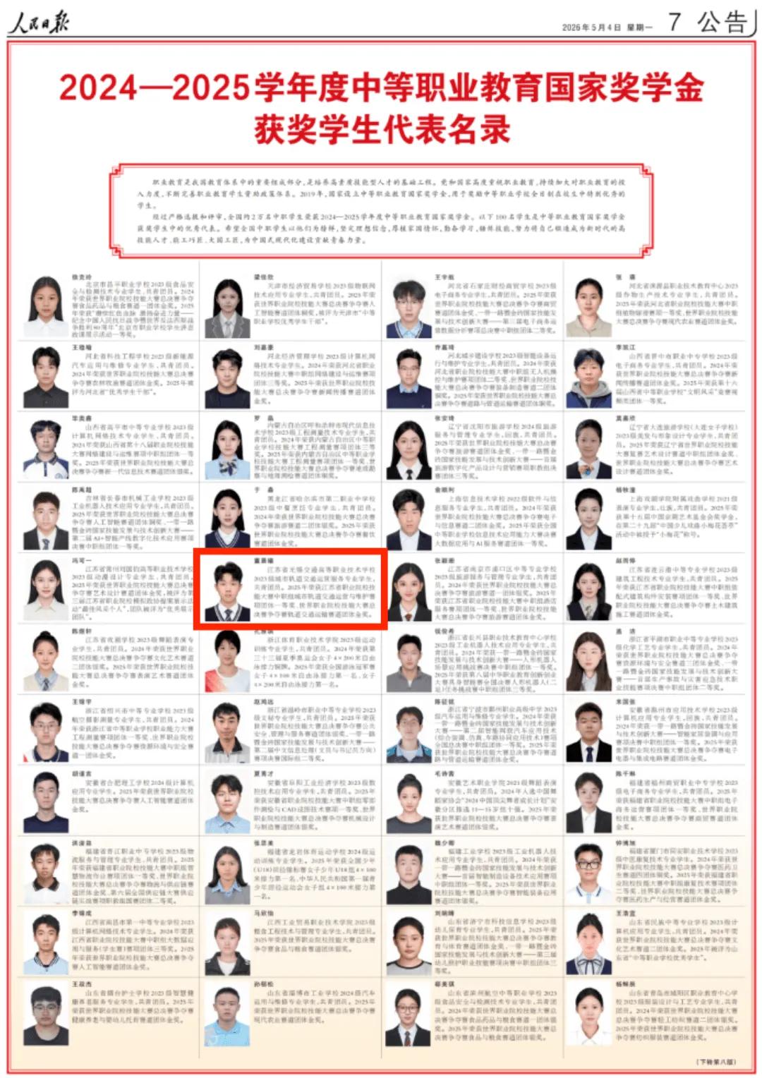 学校学生董晨曦入选《人民日报》代表名录